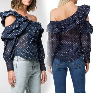 Self-Portrait Plumetis Frilled Asymmetric Navy & White Swiss Dot Top Size US 2